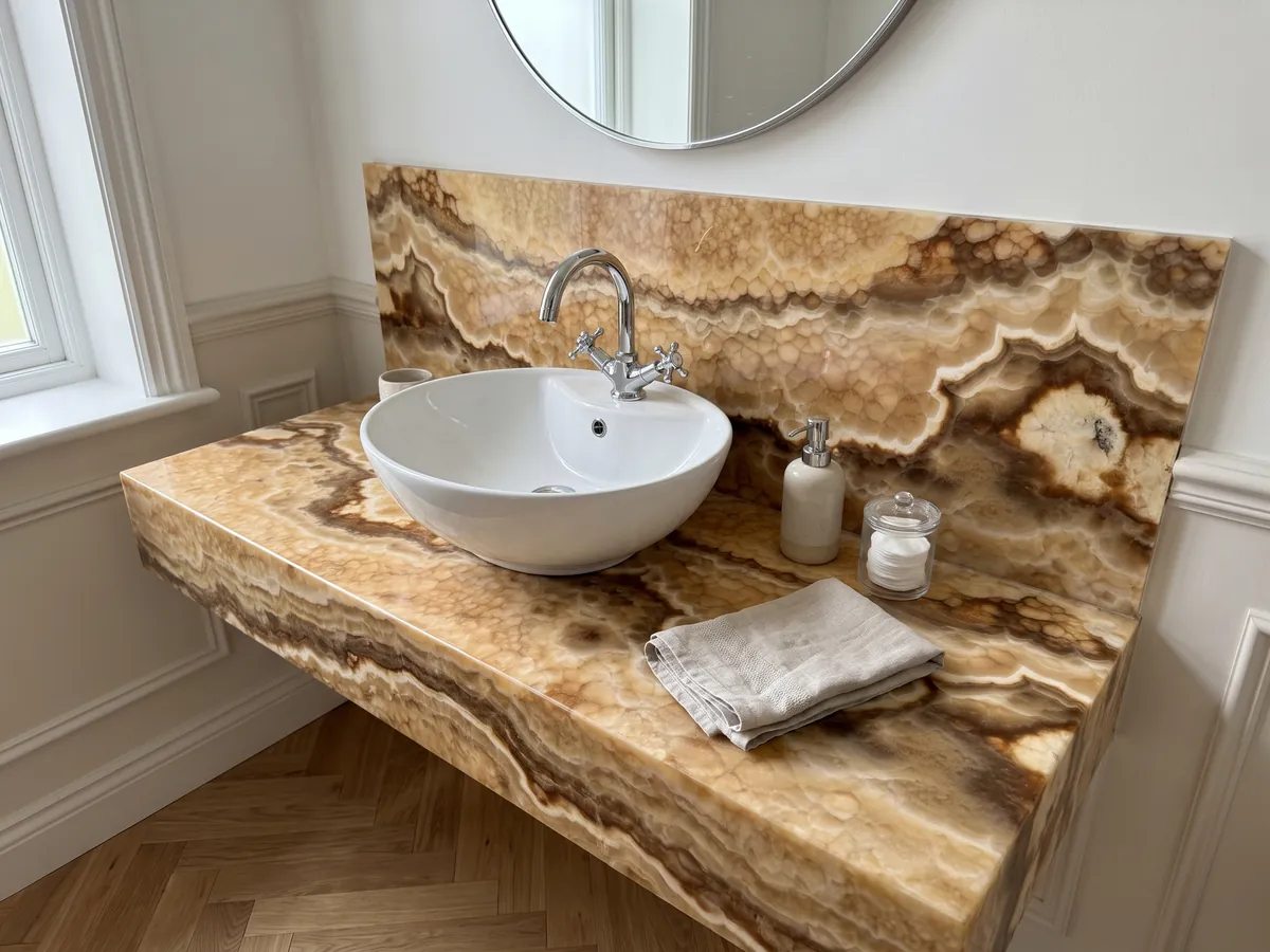 Cubierta de lavabo y pared de baño en ónix amarillo Miel Oscuro con lavamanos blanco y grifería cromada: ámbar con textura de celdas redondeadas y bandas onduladas marrón oscuro