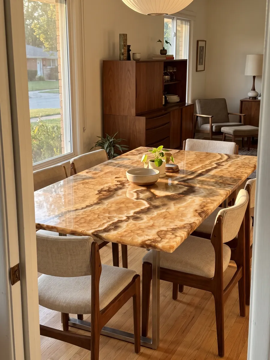 Mesa de comedor con cubierta de ónix amarillo Miel Oscuro sobre base de acero: ámbar con textura de celdas redondeadas y bandas onduladas marrón oscuro