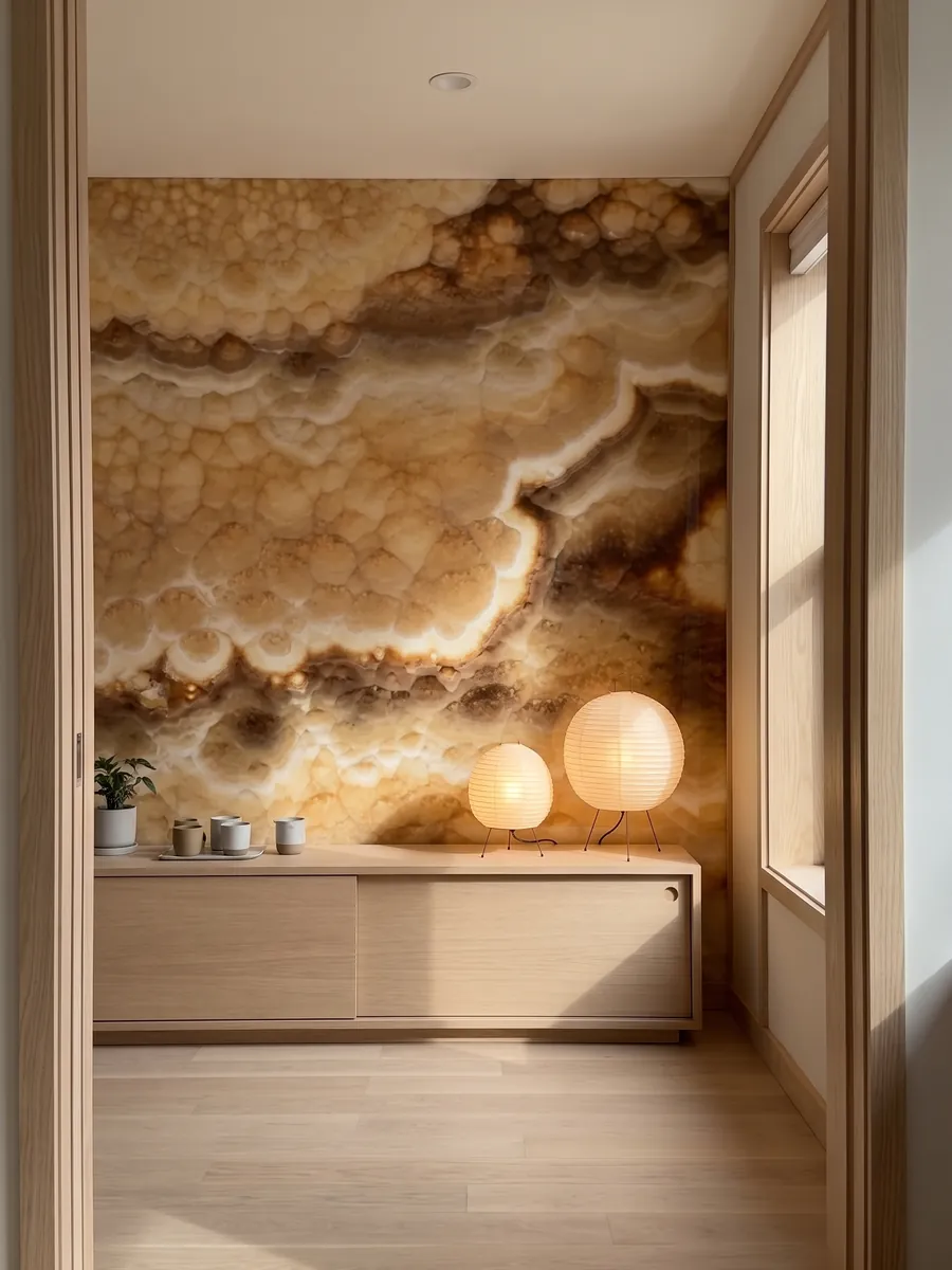 Pared de acento revestida con ónix amarillo Miel Oscuro sobre un mueble bajo de madera: ámbar con textura de celdas redondeadas y bandas onduladas marrón oscuro