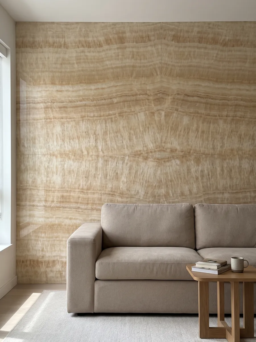 Pared de sala revestida con placas de ónix amarillo Miel abiertas en libro detrás de un sofá: crema y miel claro en bandas suaves con textura fibrosa vertical