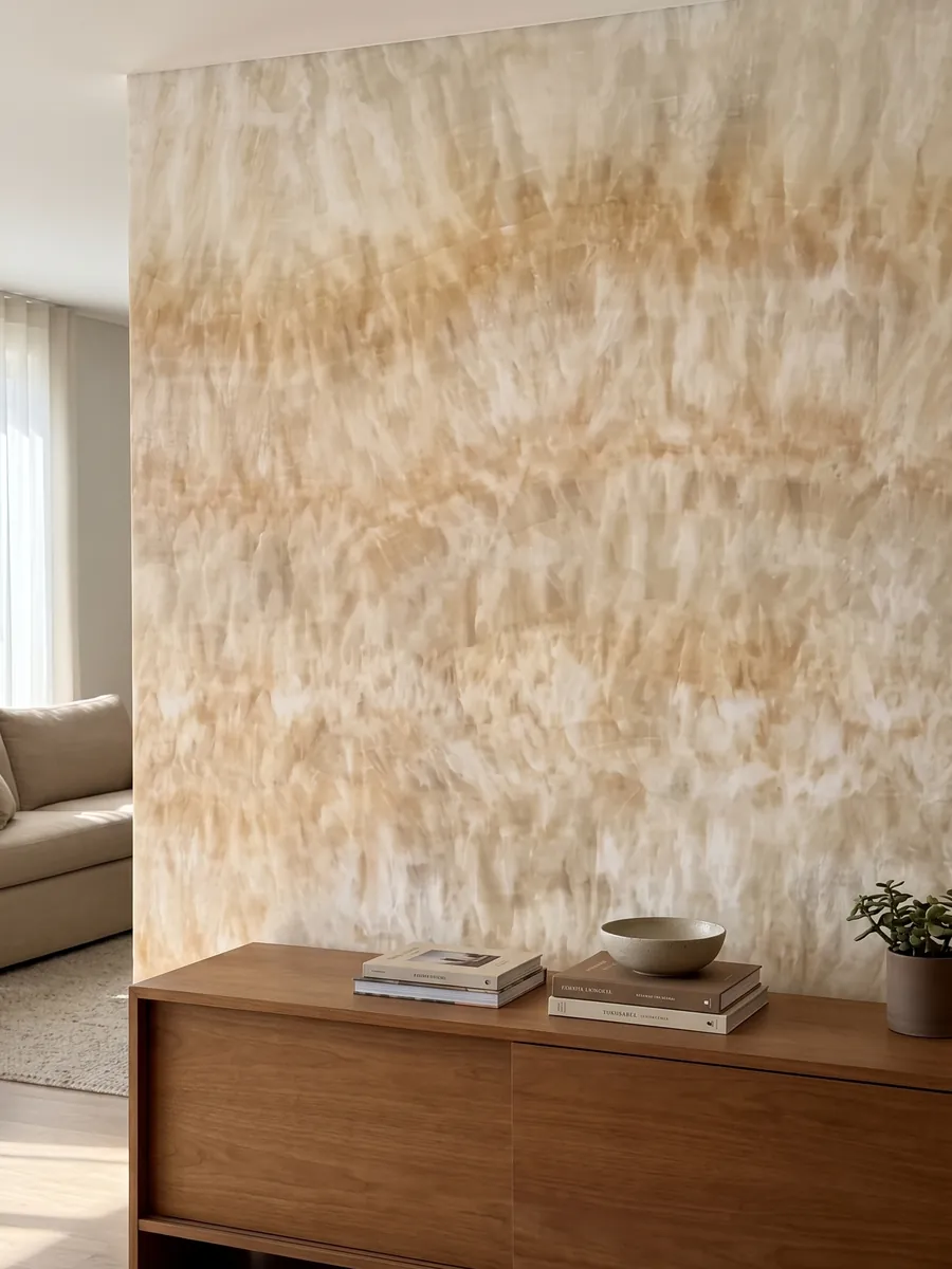 Pared de acento revestida con ónix amarillo Miel sobre un mueble bajo de madera: crema y miel claro en bandas suaves con textura fibrosa vertical