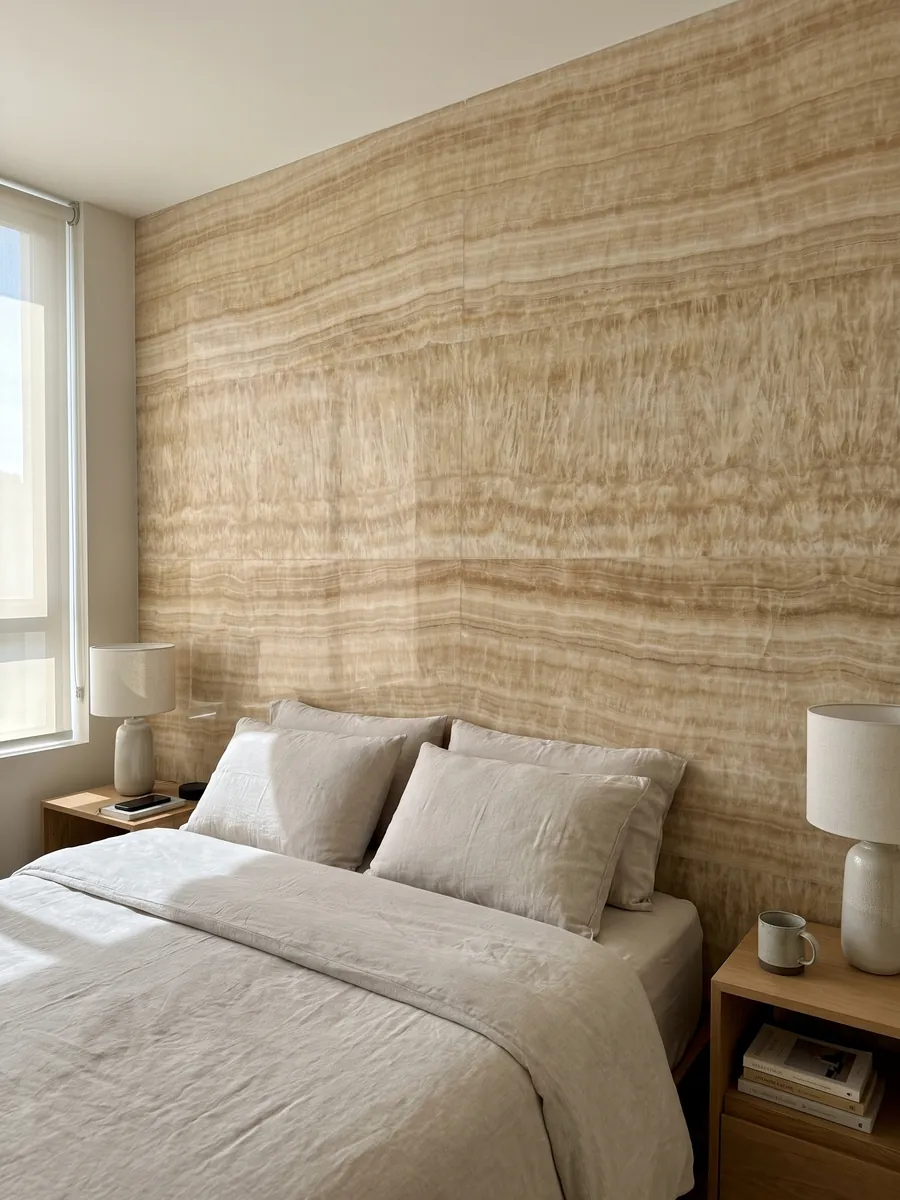 Pared de cabecera de dormitorio revestida con ónix amarillo Miel con mesitas de noche: crema y miel claro en bandas suaves con textura fibrosa vertical