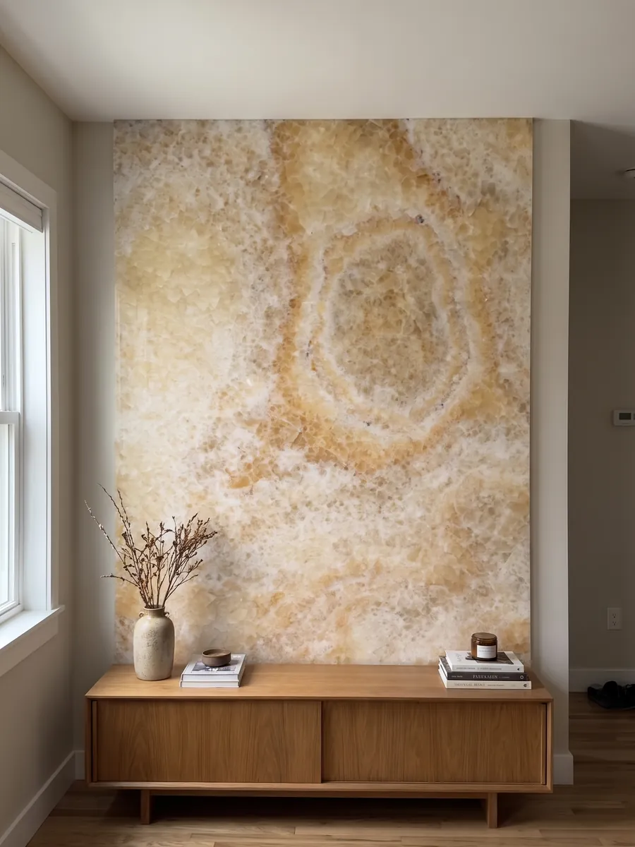 Pared de acento revestida con Ónix Amarillo sobre un mueble bajo de madera: miel y crema con un anillo ovalado concéntrico bien visible