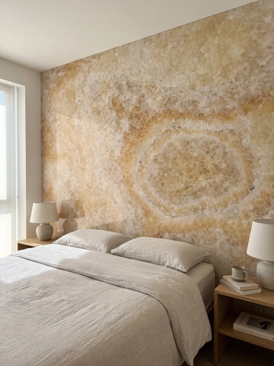Pared de cabecera de dormitorio revestida con Ónix Amarillo con mesitas de noche: miel y crema con un anillo ovalado concéntrico bien visible