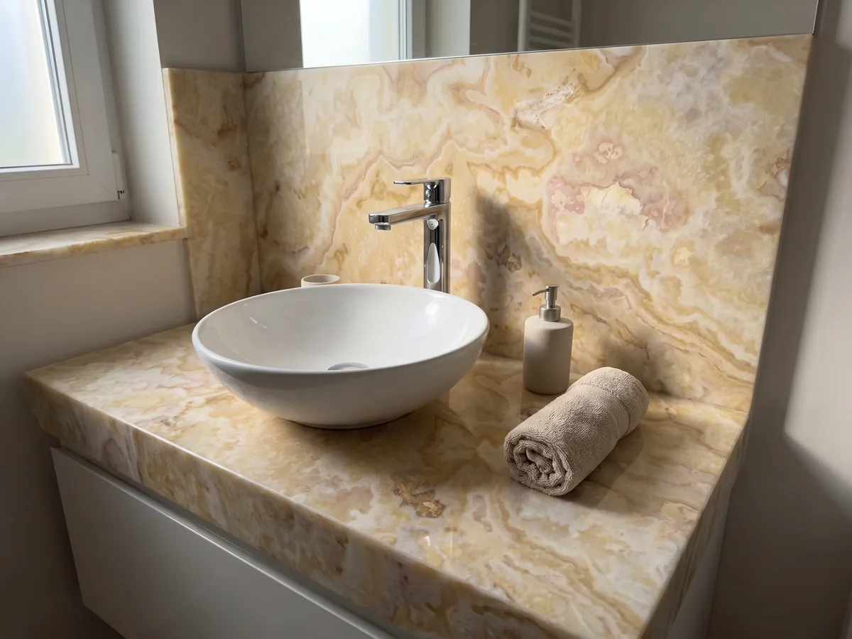 Cubierta de lavabo y pared de baño en ónix beige Cappuccino con lavamanos blanco y grifería cromada: crema con nubes sinuosas color miel y toques rosados