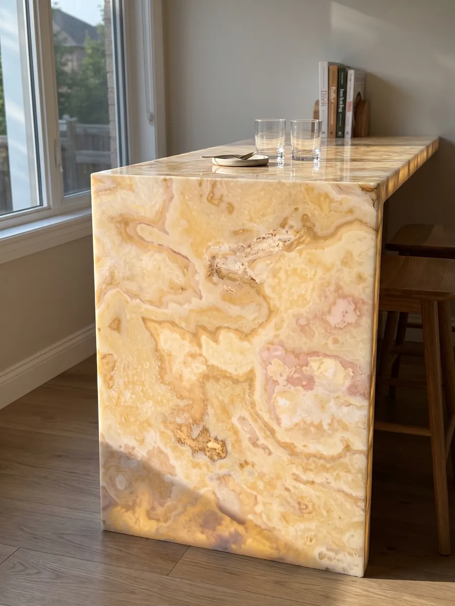 Barra con frente de ónix beige Cappuccino retroiluminado con la luz atravesando la piedra: crema con nubes sinuosas color miel y toques rosados