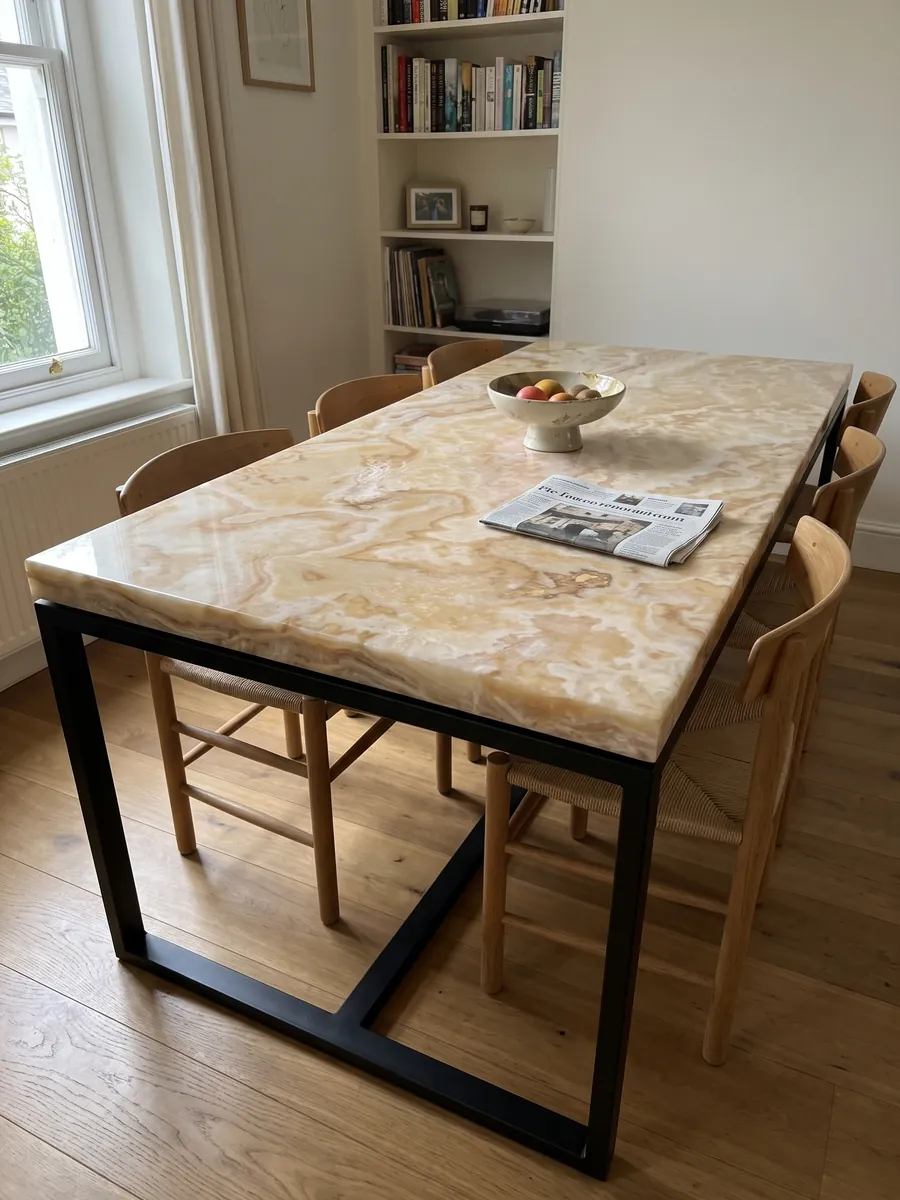 Mesa de comedor con cubierta de ónix beige Cappuccino sobre base de acero: crema con nubes sinuosas color miel y toques rosados