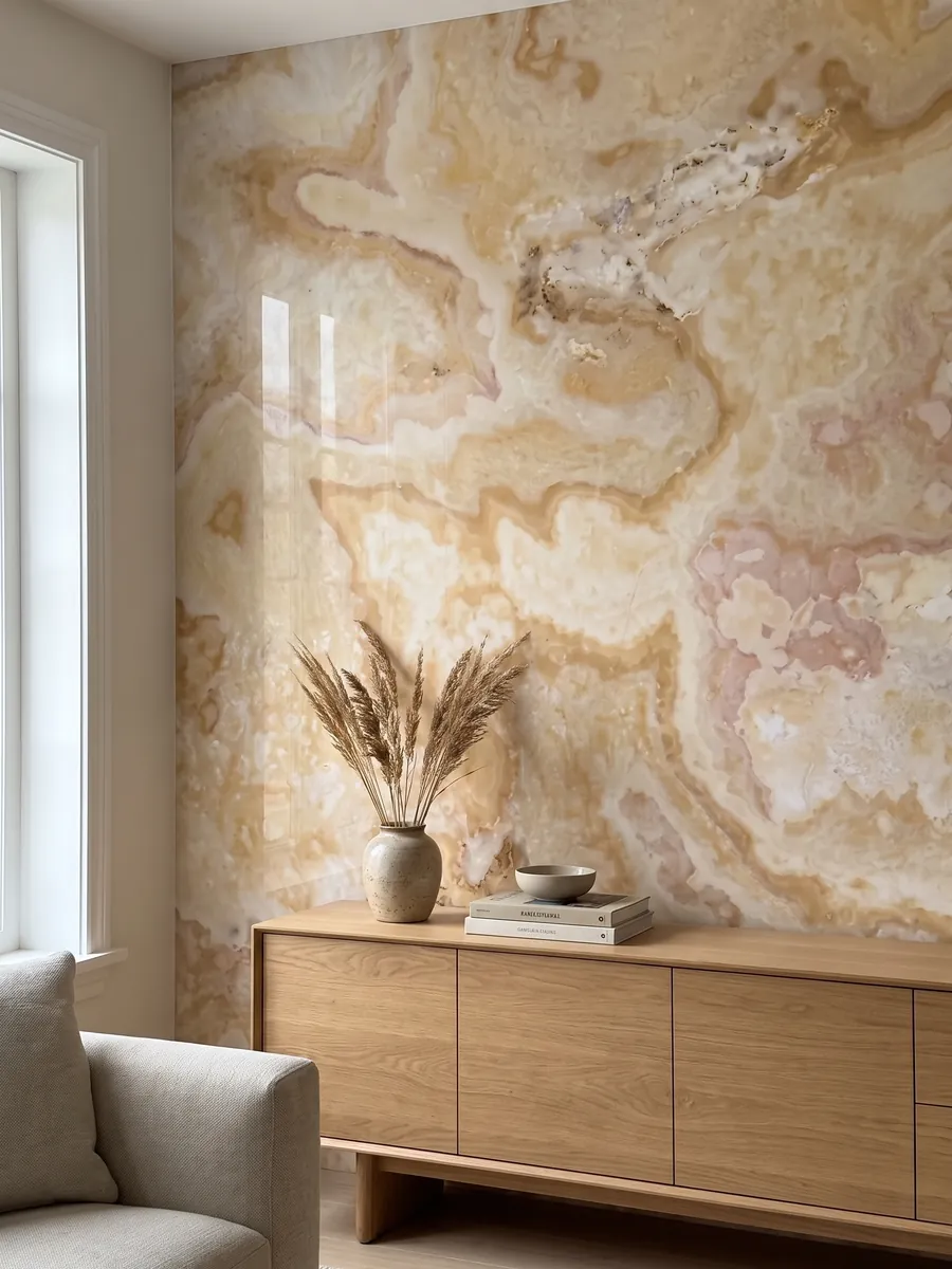 Pared de acento revestida con ónix beige Cappuccino sobre un mueble bajo de madera: crema con nubes sinuosas color miel y toques rosados