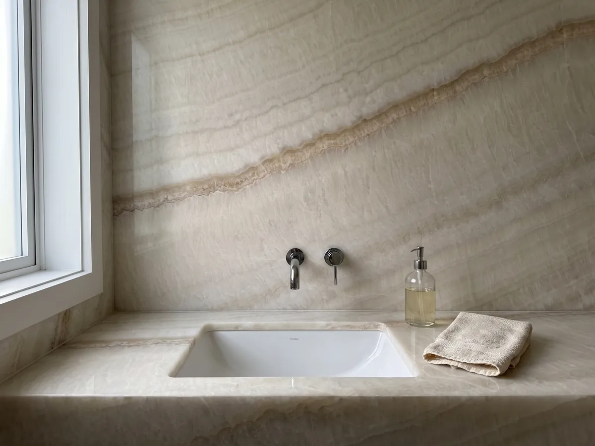 Cubierta de lavabo y pared de baño en ónix beige Ivory con lavamanos blanco y grifería cromada: marfil suave con ondas tenues y una línea fina color miel en diagonal
