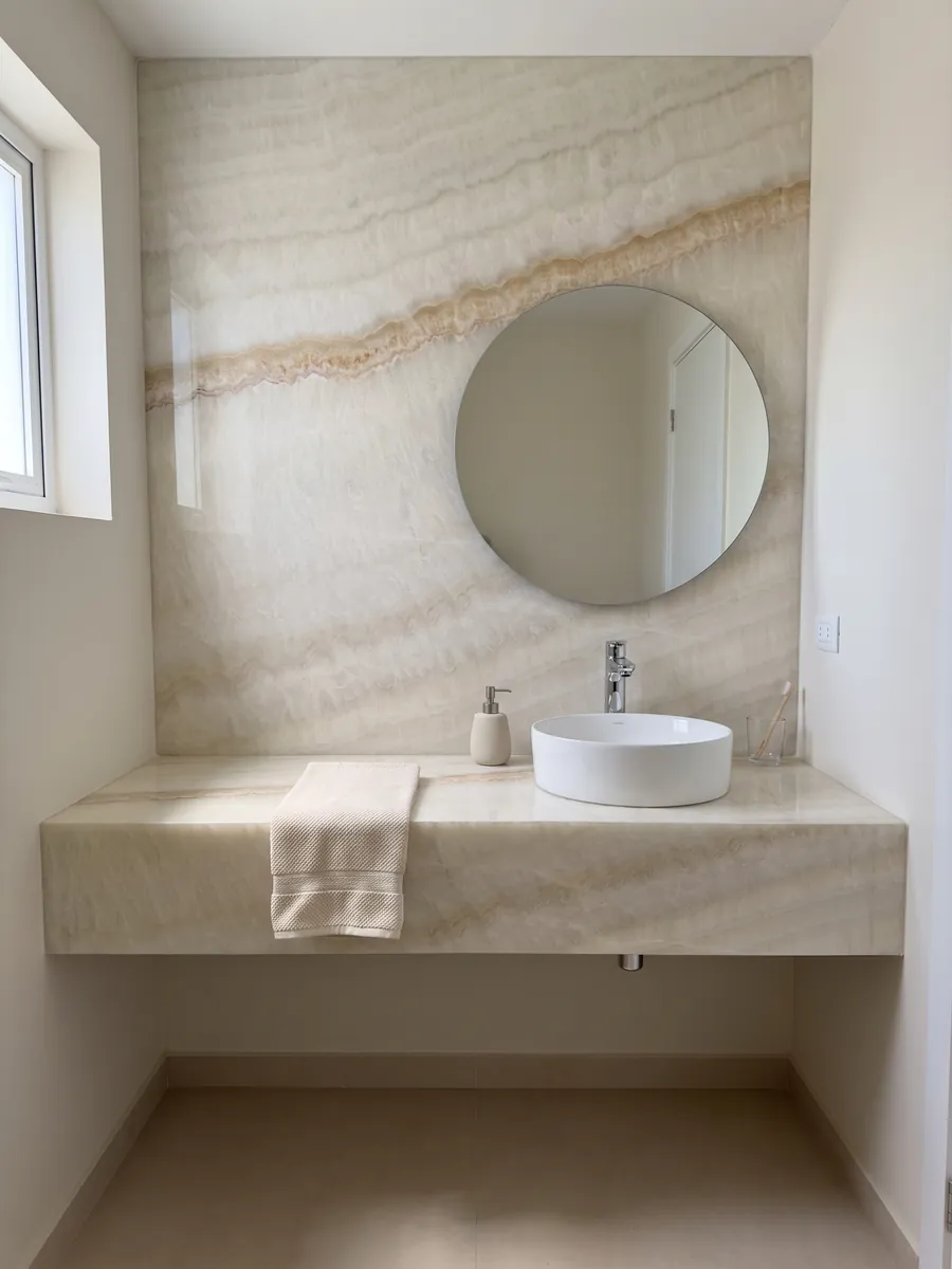 Baño de visitas con pared y cubierta flotante de ónix beige Ivory con espejo redondo: marfil suave con ondas tenues y una línea fina color miel en diagonal