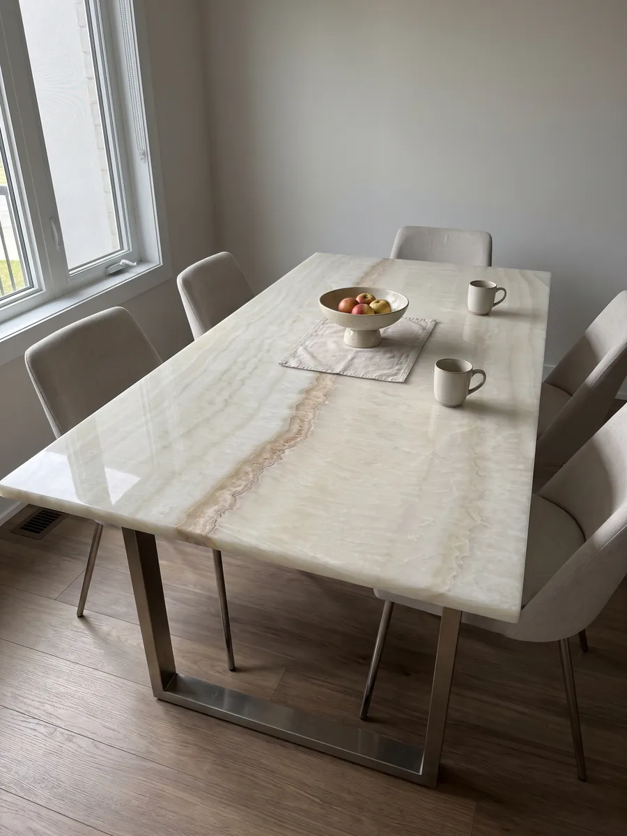 Mesa de comedor con cubierta de ónix beige Ivory sobre base de acero: marfil suave con ondas tenues y una línea fina color miel en diagonal