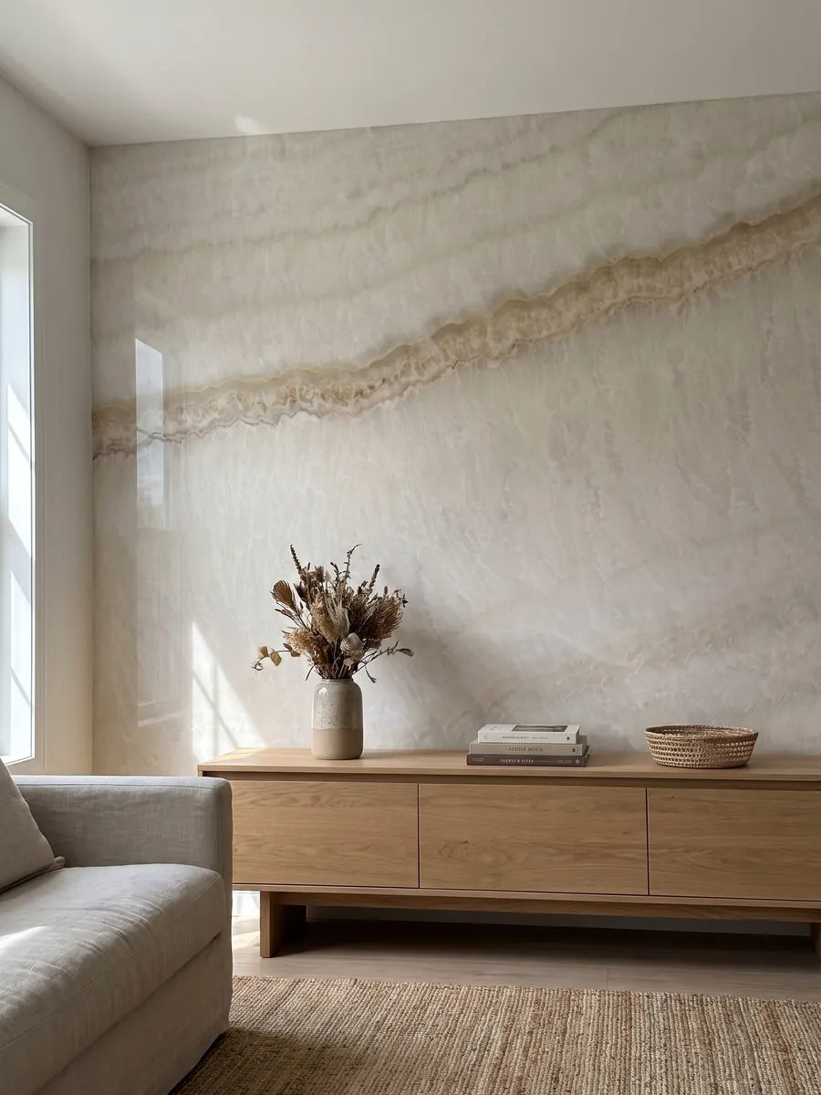 Pared de acento revestida con ónix beige Ivory sobre un mueble bajo de madera: marfil suave con ondas tenues y una línea fina color miel en diagonal
