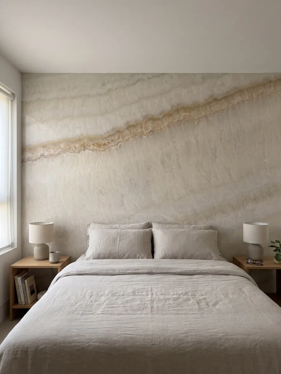 Pared de cabecera de dormitorio revestida con ónix beige Ivory con mesitas de noche: marfil suave con ondas tenues y una línea fina color miel en diagonal