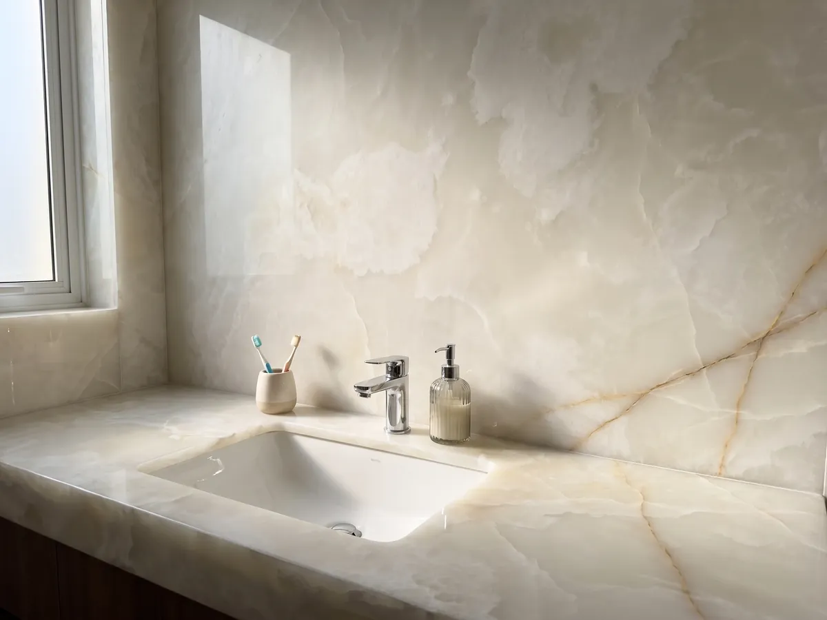 Cubierta de lavabo y pared de baño en Ónix Blanco con lavamanos blanco y grifería cromada: blanco cremoso traslúcido con nubes suaves y finísimas líneas doradas