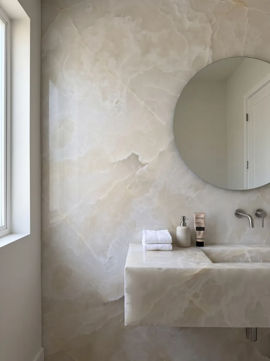 Baño de visitas con pared y cubierta flotante de Ónix Blanco con espejo redondo: blanco cremoso traslúcido con nubes suaves y finísimas líneas doradas