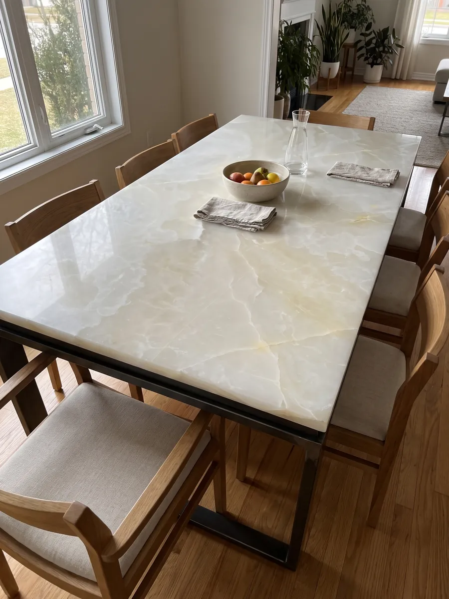 Mesa de comedor con cubierta de Ónix Blanco sobre base de acero: blanco cremoso traslúcido con nubes suaves y finísimas líneas doradas