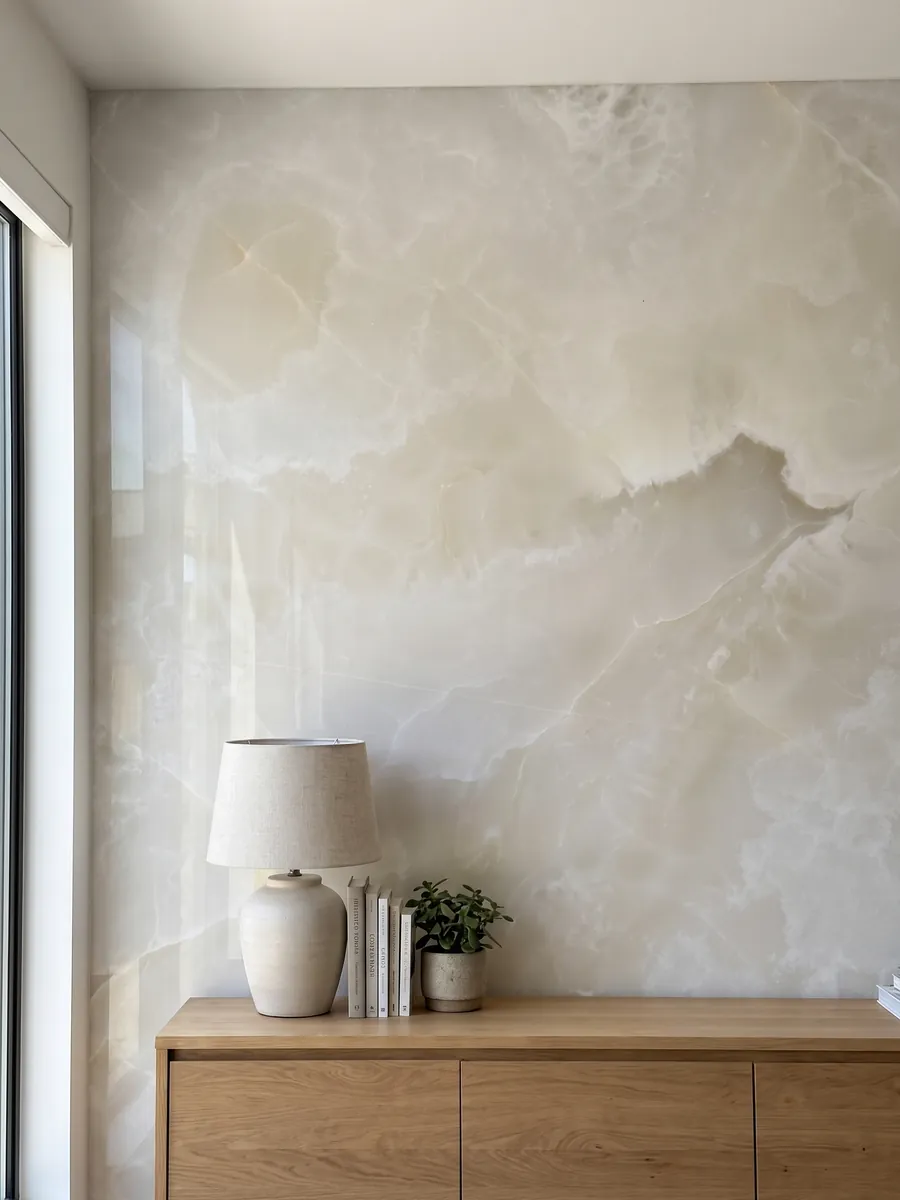 Pared de acento revestida con Ónix Blanco sobre un mueble bajo de madera: blanco cremoso traslúcido con nubes suaves y finísimas líneas doradas