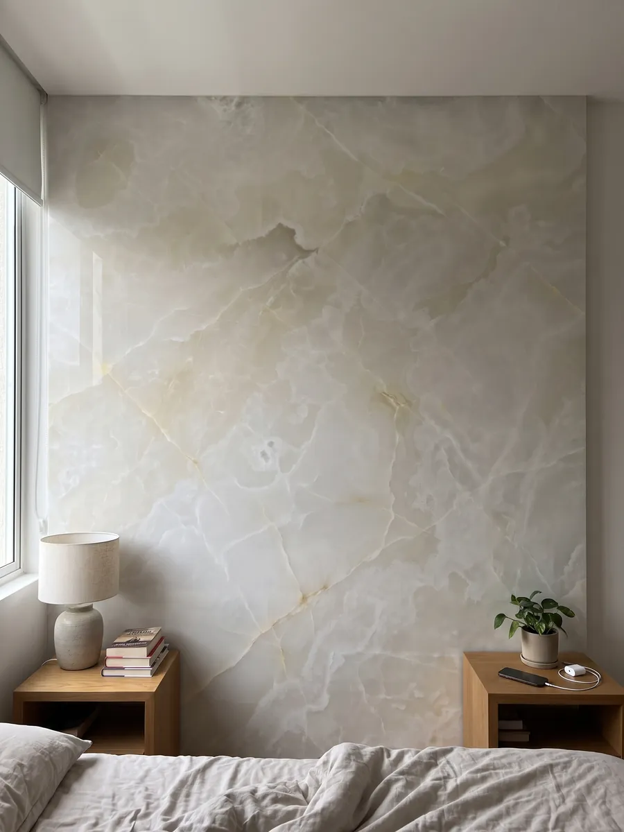 Pared de cabecera de dormitorio revestida con Ónix Blanco con mesitas de noche: blanco cremoso traslúcido con nubes suaves y finísimas líneas doradas