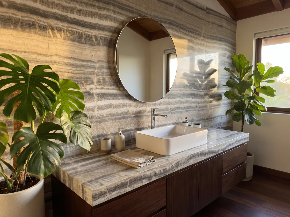 Cubierta de lavabo y pared de baño en ónix gris Velluto con lavamanos blanco y grifería cromada: franjas horizontales grises, blancas y beige con borde ondulado