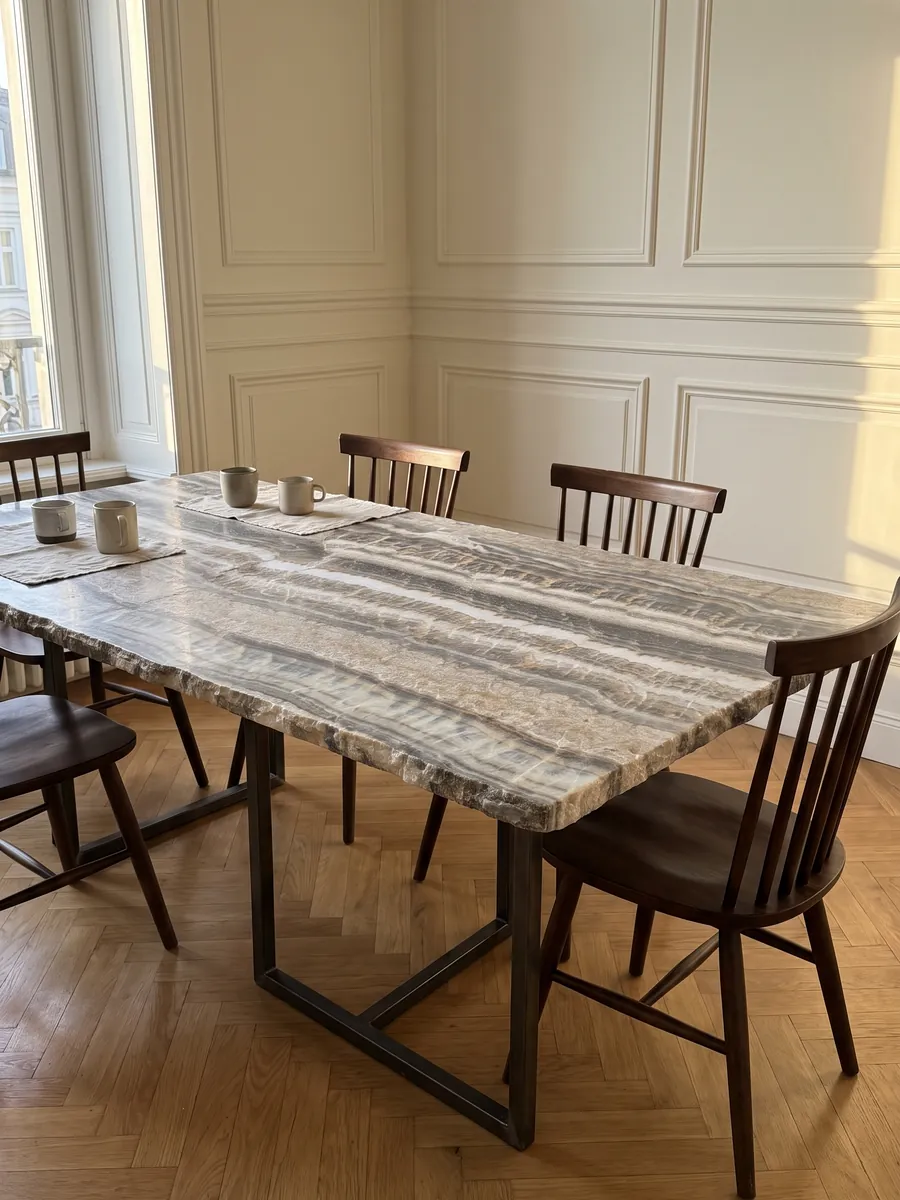 Mesa de comedor con cubierta de ónix gris Velluto sobre base de acero: franjas horizontales grises, blancas y beige con borde ondulado