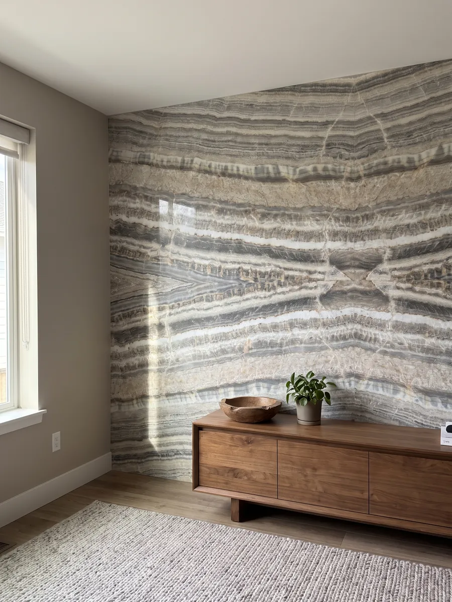 Pared de acento revestida con ónix gris Velluto sobre un mueble bajo de madera: franjas horizontales grises, blancas y beige con borde ondulado