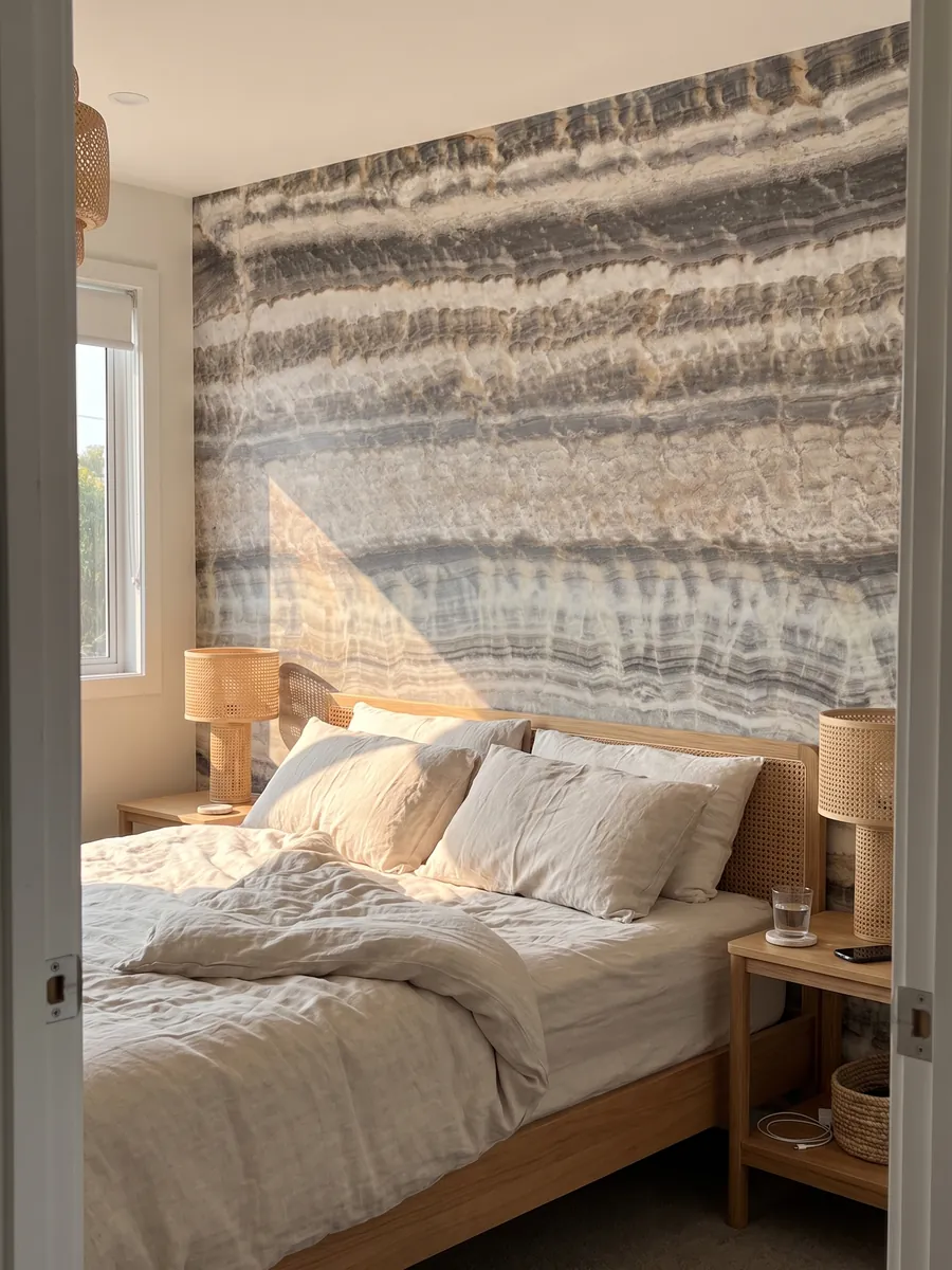 Pared de cabecera de dormitorio revestida con ónix gris Velluto con mesitas de noche: franjas horizontales grises, blancas y beige con borde ondulado