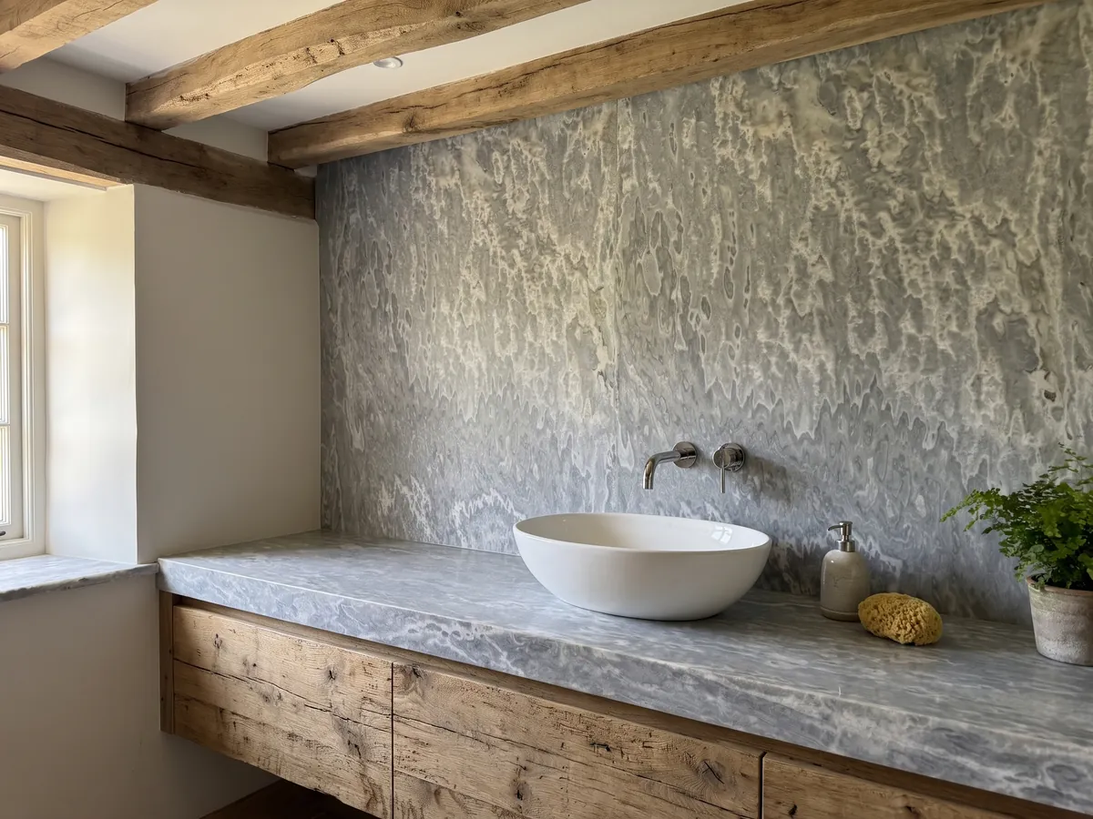 Cubierta de lavabo y pared de baño en ónix gris Vulcano con lavamanos blanco y grifería cromada: gris azulado con manchas claras onduladas que caen en vertical