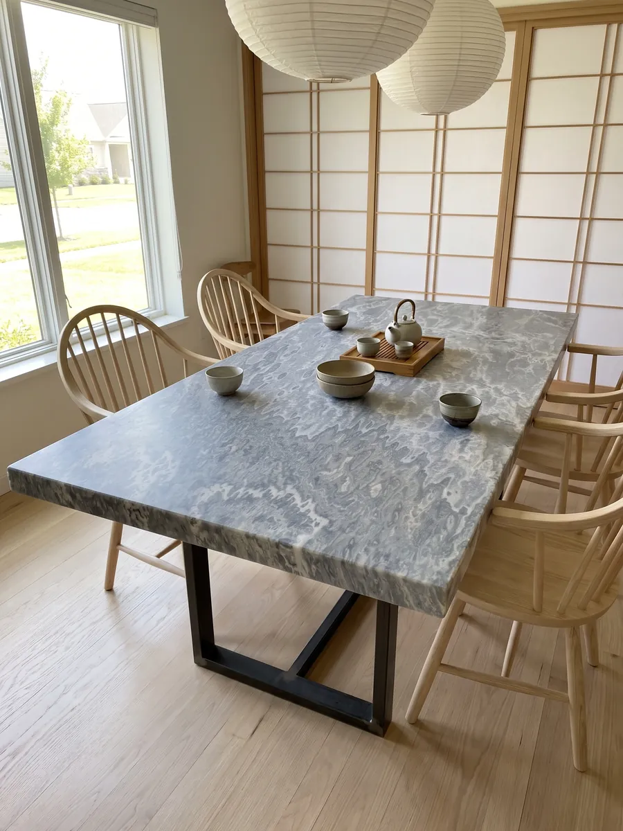Mesa de comedor con cubierta de ónix gris Vulcano sobre base de acero: gris azulado con manchas claras onduladas que caen en vertical
