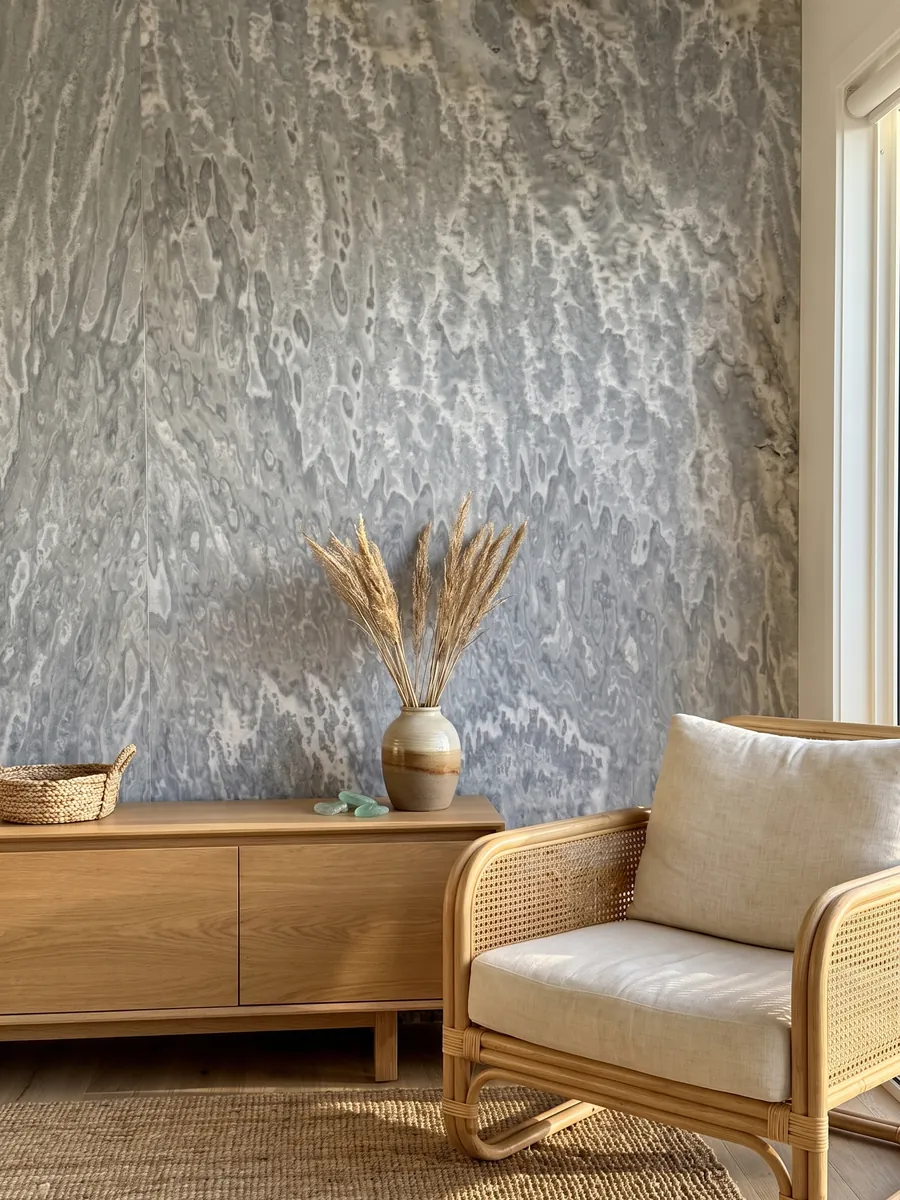 Pared de acento revestida con ónix gris Vulcano sobre un mueble bajo de madera: gris azulado con manchas claras onduladas que caen en vertical