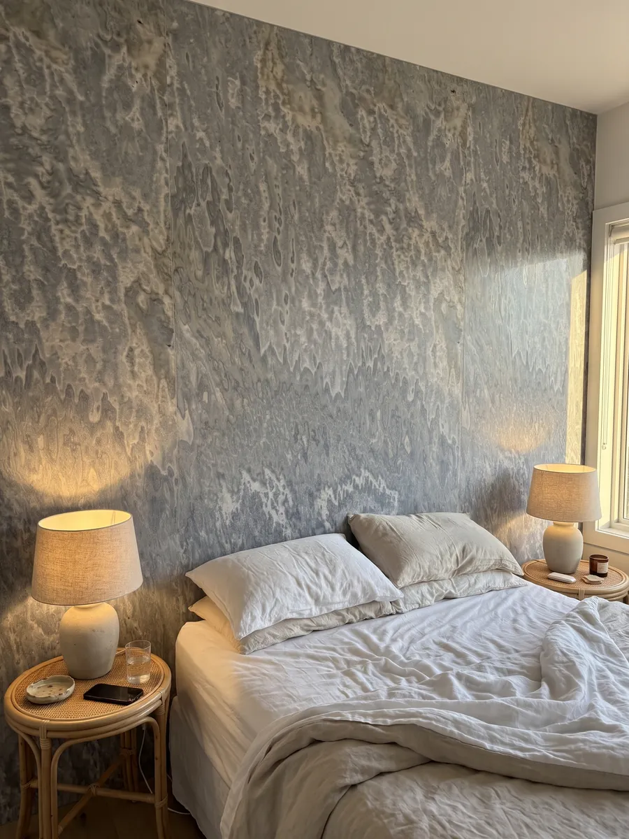 Pared de cabecera de dormitorio revestida con ónix gris Vulcano con mesitas de noche: gris azulado con manchas claras onduladas que caen en vertical