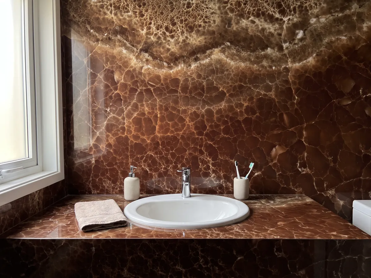 Cubierta de lavabo y pared de baño en Ónix Marrón con lavamanos blanco y grifería cromada: marrón profundo cubierto por una red fina de líneas claras y una banda burbujeante arriba