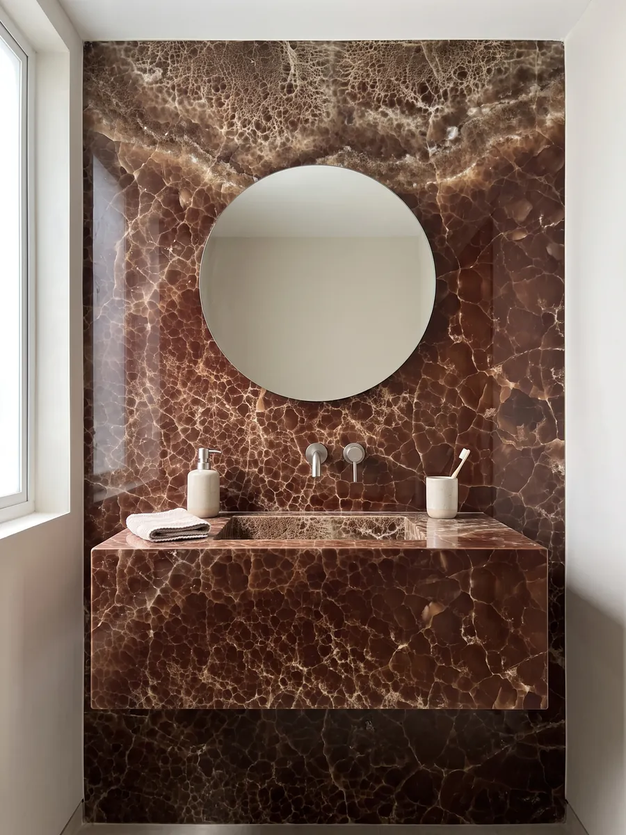Baño de visitas con pared y cubierta flotante de Ónix Marrón con espejo redondo: marrón profundo cubierto por una red fina de líneas claras y una banda burbujeante arriba