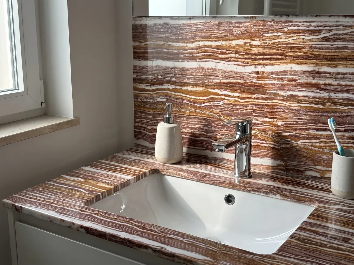 Cubierta de lavabo y pared de baño en ónix marrón Fantástico con lavamanos blanco y grifería cromada: franjas horizontales alternas blancas, rojizas y ocre, muy marcadas