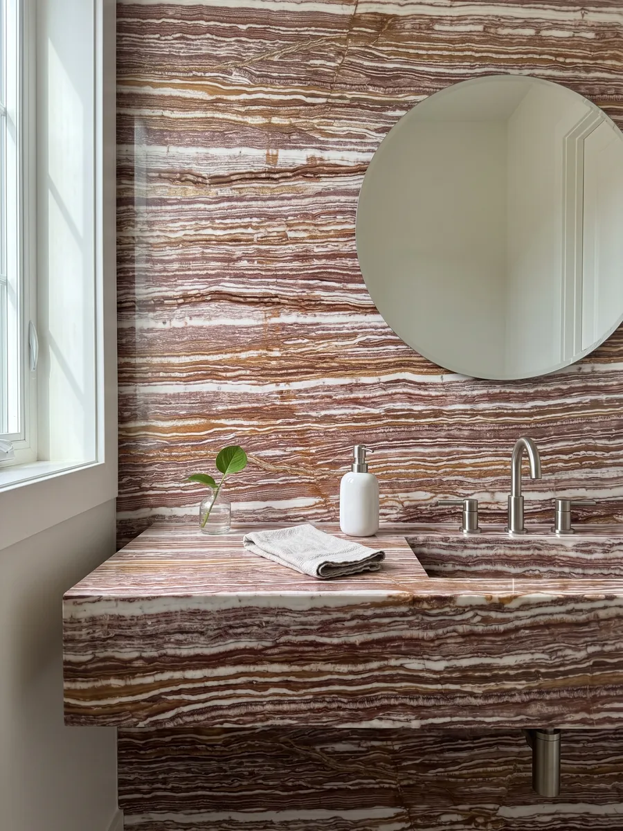 Baño de visitas con pared y cubierta flotante de ónix marrón Fantástico con espejo redondo: franjas horizontales alternas blancas, rojizas y ocre, muy marcadas
