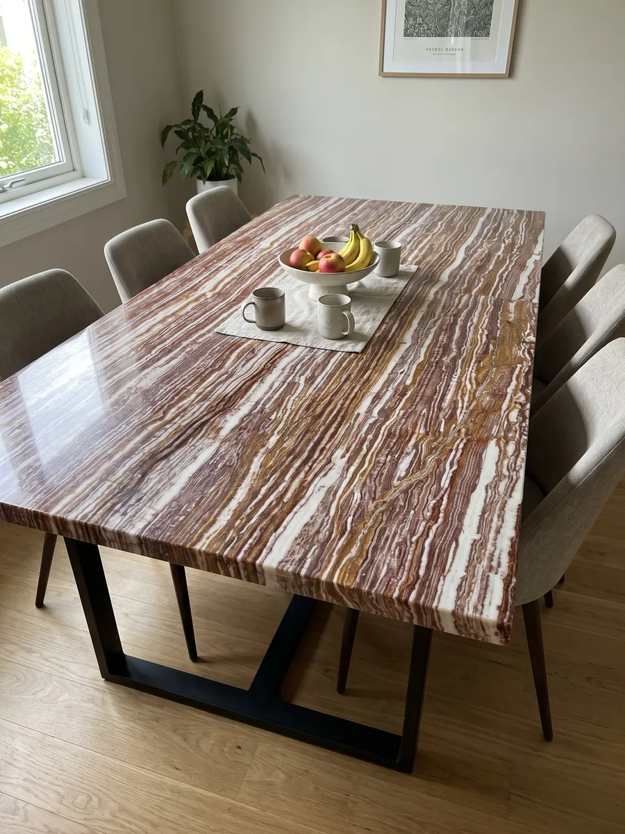 Mesa de comedor con cubierta de ónix marrón Fantástico sobre base de acero: franjas horizontales alternas blancas, rojizas y ocre, muy marcadas