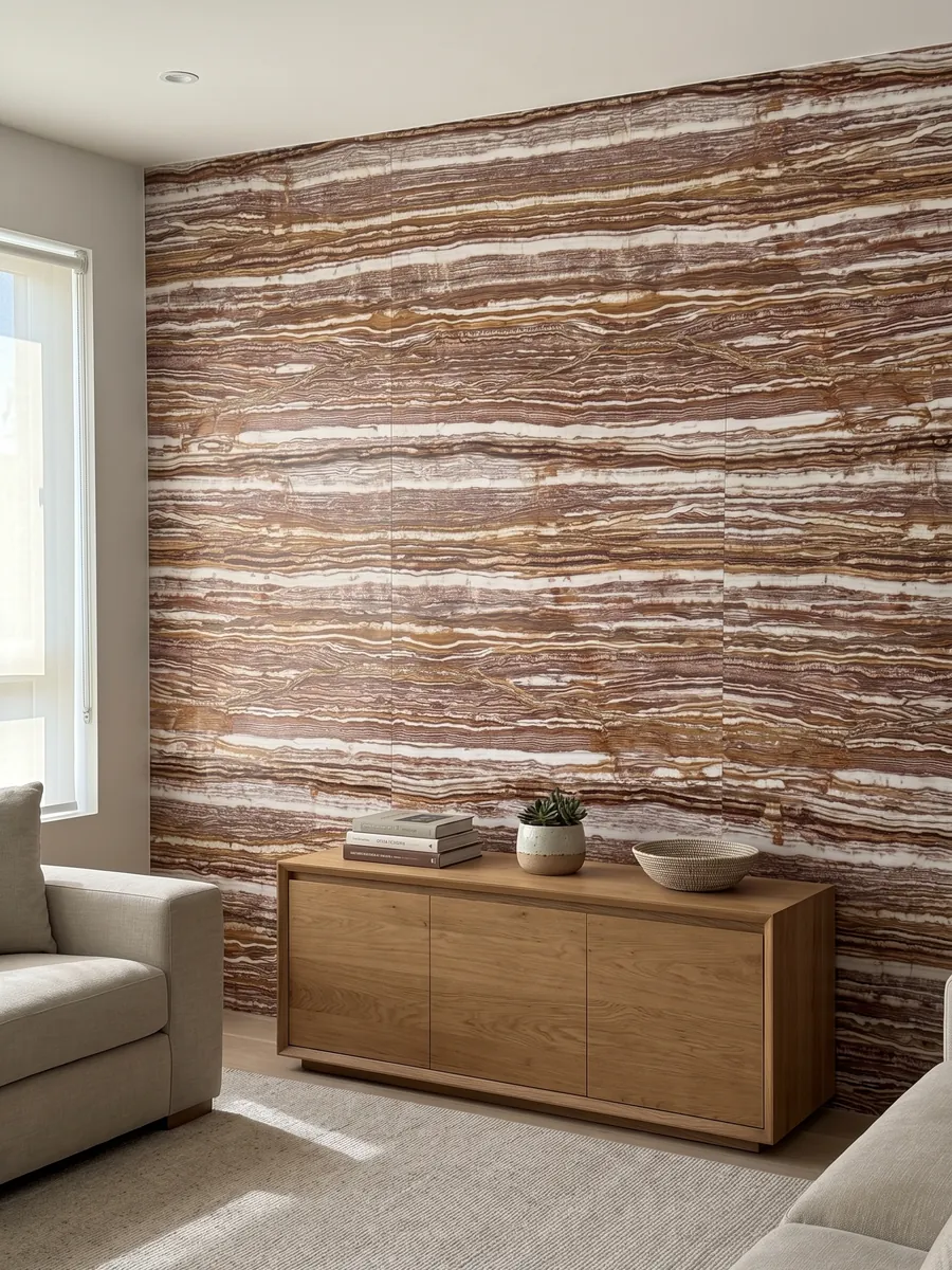 Pared de acento revestida con ónix marrón Fantástico sobre un mueble bajo de madera: franjas horizontales alternas blancas, rojizas y ocre, muy marcadas
