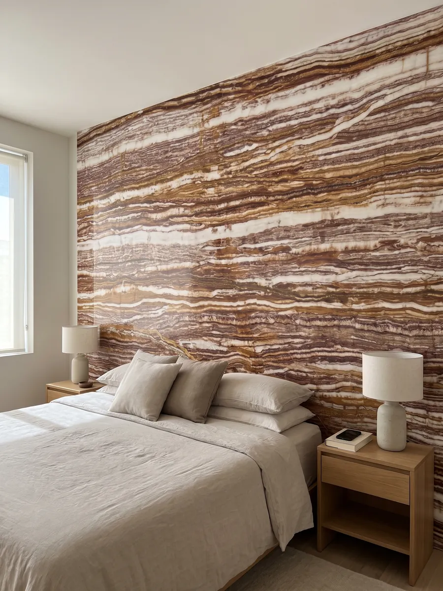 Pared de cabecera de dormitorio revestida con ónix marrón Fantástico con mesitas de noche: franjas horizontales alternas blancas, rojizas y ocre, muy marcadas