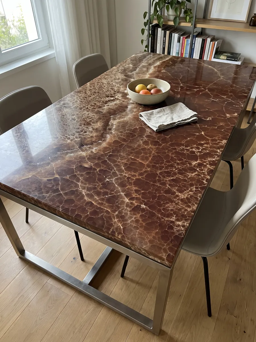 Mesa de comedor con cubierta de Ónix Marrón sobre base de acero: marrón profundo cubierto por una red fina de líneas claras y una banda burbujeante arriba
