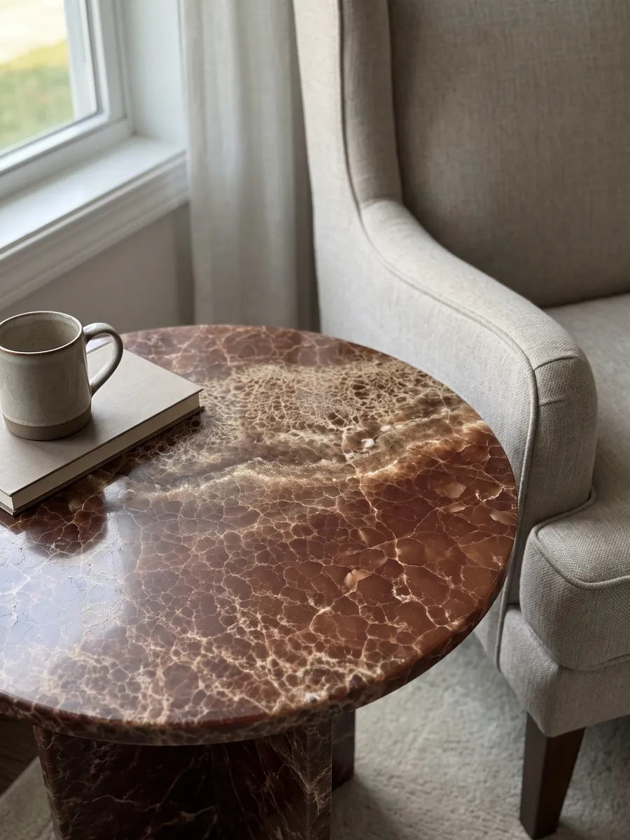 Mesa auxiliar con cubierta de Ónix Marrón junto a un sillón: marrón profundo cubierto por una red fina de líneas claras y una banda burbujeante arriba