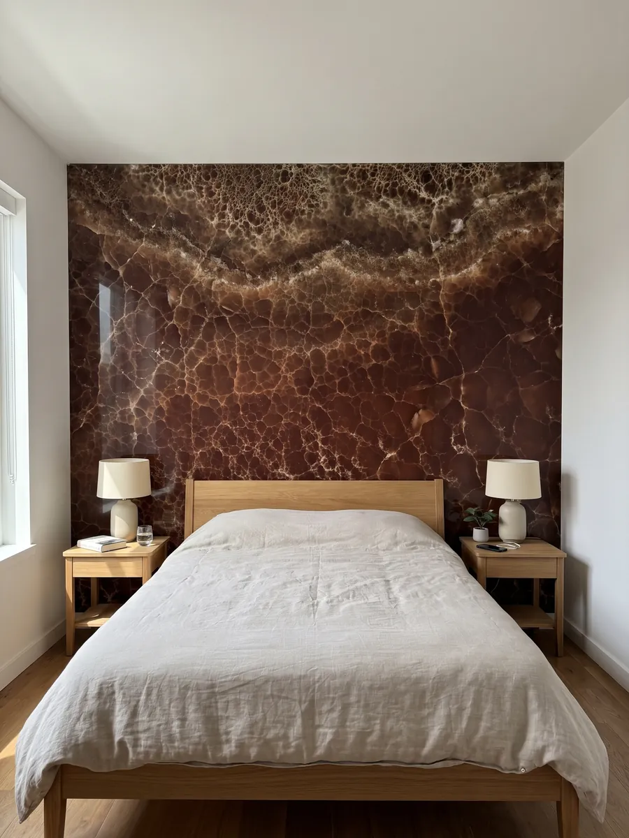 Pared de cabecera de dormitorio revestida con Ónix Marrón con mesitas de noche: marrón profundo cubierto por una red fina de líneas claras y una banda burbujeante arriba