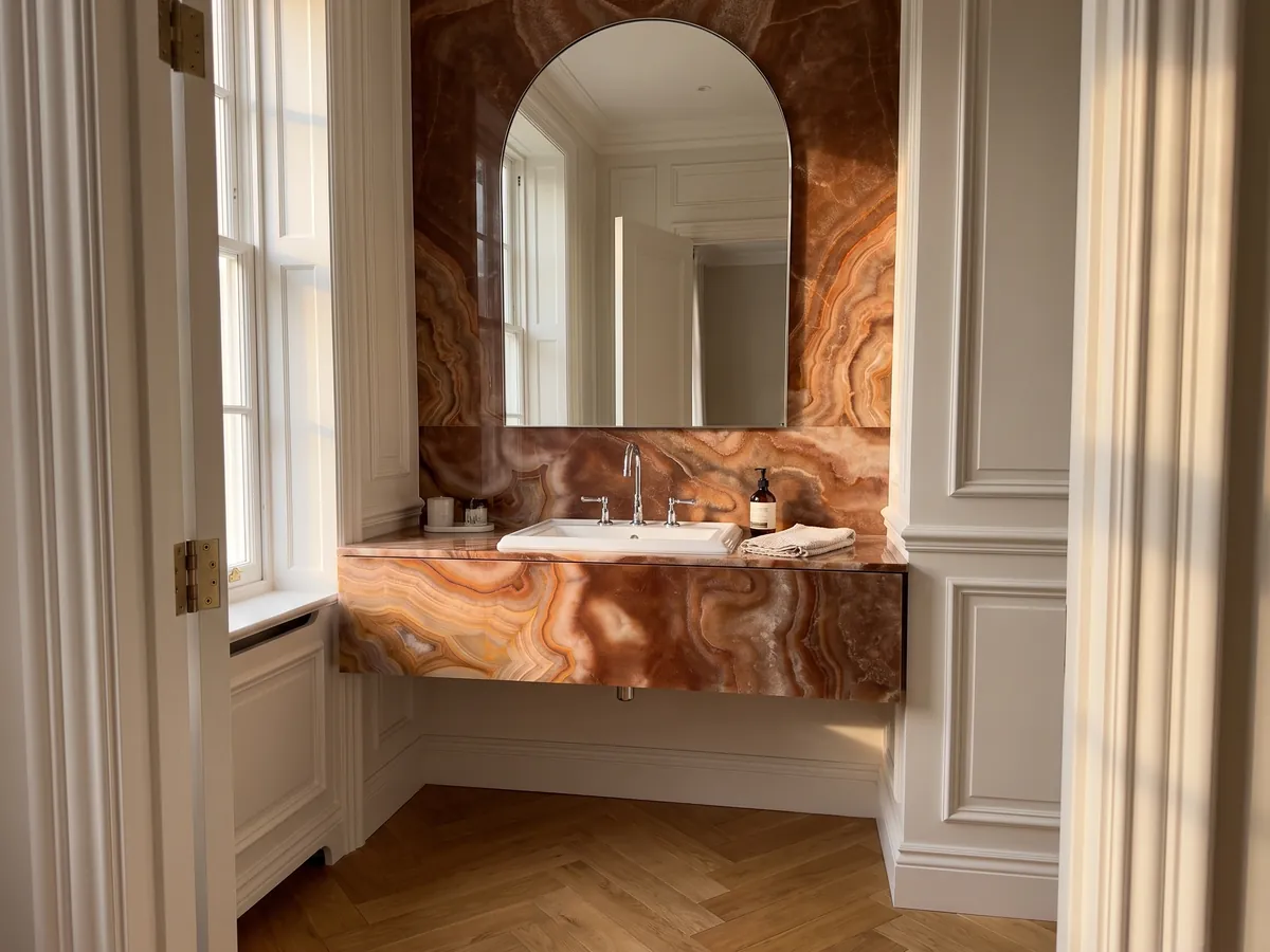 Cubierta de lavabo y pared de baño en ónix marrón Sultano con lavamanos blanco y grifería cromada: marrón óxido con anillos concéntricos naranja y crema muy definidos