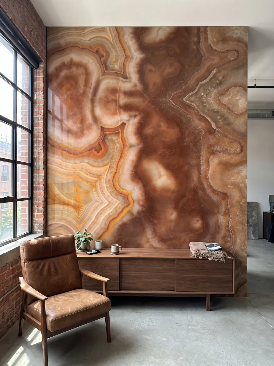 Pared de acento revestida con ónix marrón Sultano sobre un mueble bajo de madera: marrón óxido con anillos concéntricos naranja y crema muy definidos