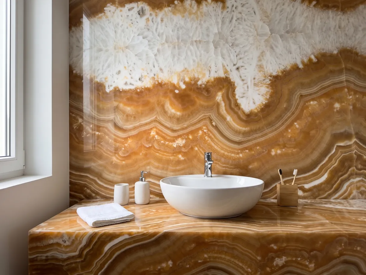 Cubierta de lavabo y pared de baño en ónix naranja Arancio con lavamanos blanco y grifería cromada: bandas onduladas naranja y ámbar que forman una gran curva bajo una zona blanca cristalina