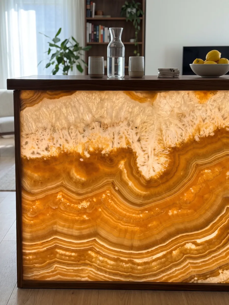 Barra con frente de ónix naranja Arancio retroiluminado con la luz atravesando la piedra: bandas onduladas naranja y ámbar que forman una gran curva bajo una zona blanca cristalina