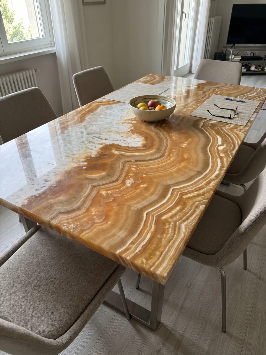 Mesa de comedor con cubierta de ónix naranja Arancio sobre base de acero: bandas onduladas naranja y ámbar que forman una gran curva bajo una zona blanca cristalina