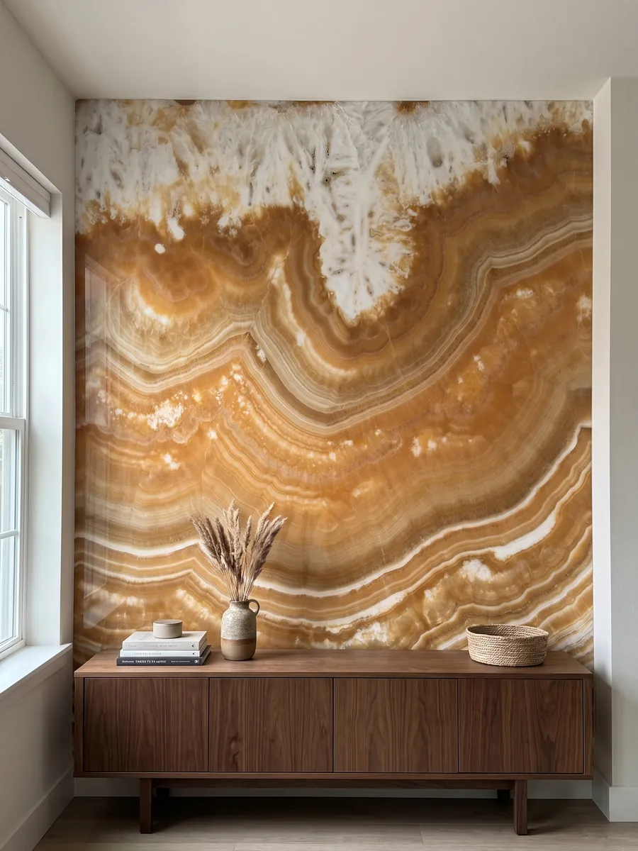 Pared de acento revestida con ónix naranja Arancio sobre un mueble bajo de madera: bandas onduladas naranja y ámbar que forman una gran curva bajo una zona blanca cristalina