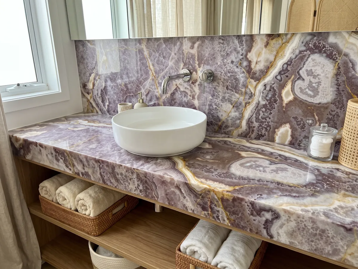 Cubierta de lavabo y pared de baño en Ónix Negro con lavamanos blanco y grifería cromada: no se ve negro: violeta con zonas lila y blancas y finas vetas doradas