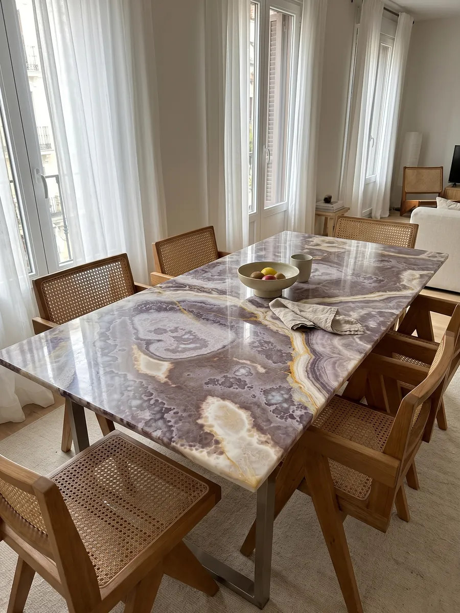 Mesa de comedor con cubierta de Ónix Negro sobre base de acero: no se ve negro: violeta con zonas lila y blancas y finas vetas doradas
