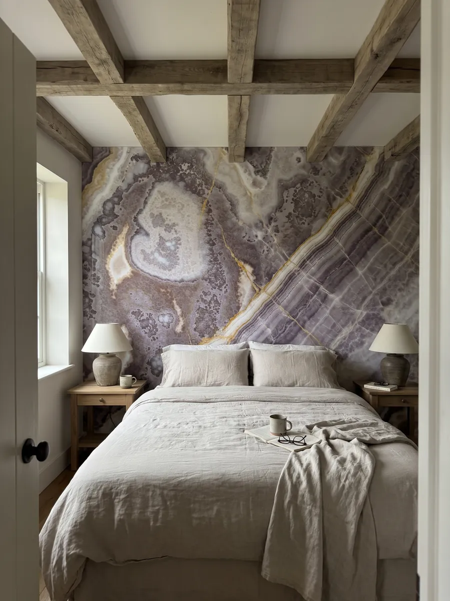 Pared de cabecera de dormitorio revestida con Ónix Negro con mesitas de noche: no se ve negro: violeta con zonas lila y blancas y finas vetas doradas