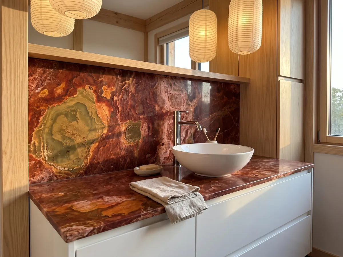 Cubierta de lavabo y pared de baño en Ónix Rojo con lavamanos blanco y grifería cromada: rojo óxido con manchas de relieve visual y una zona ocre verdosa